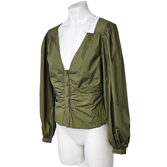 Lovers & Friends Button Front V-Neck Puff Sleeve Top Green Size Small - Picture 2 of 9